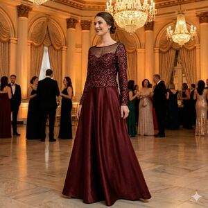 NWT Vintage Cassandra Stone Size 8 Deep Burgundy & Black Sequin Illusion Gown